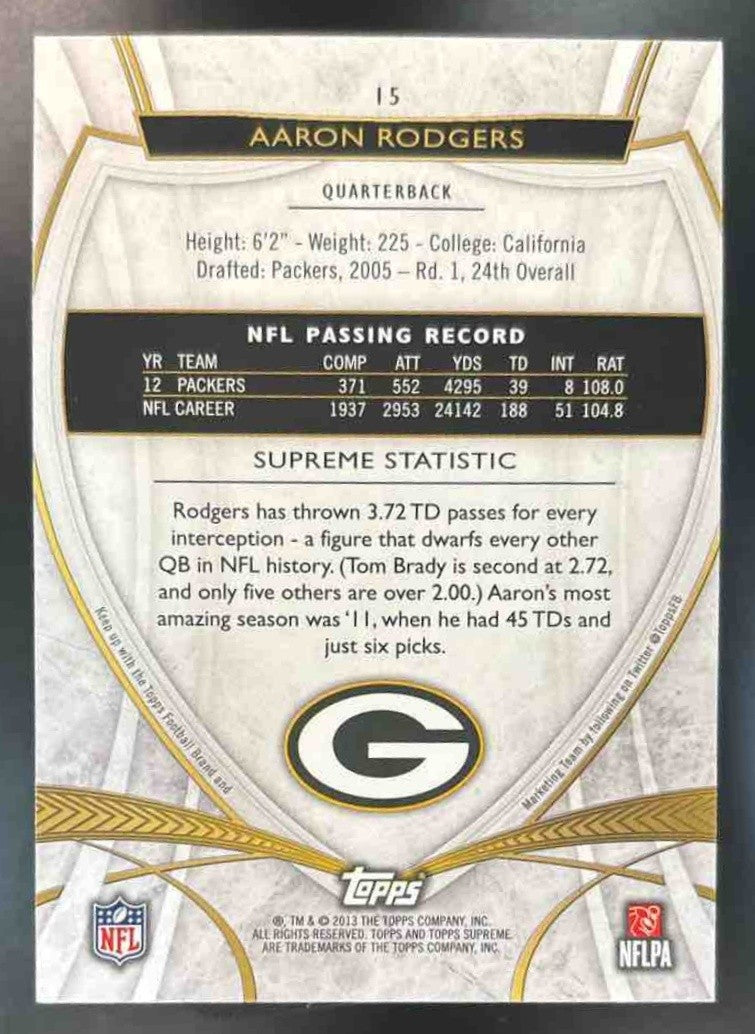 2013 Topps Supreme Aaron Rodgers /75 #15 Green Bay Packers - Sports Cards