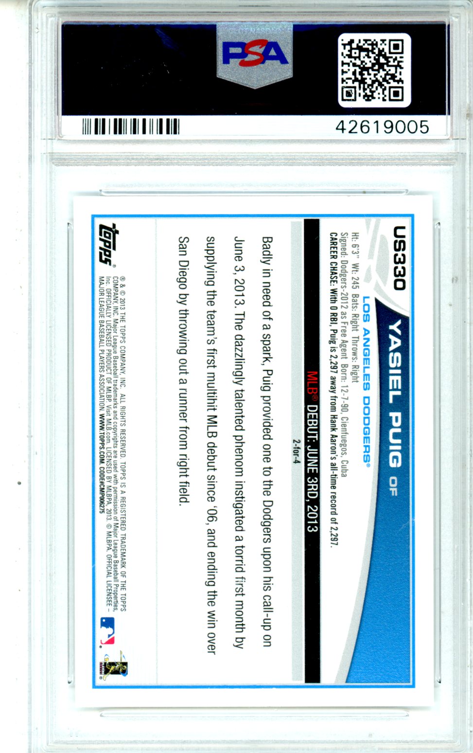 2013 Topps Update Yasiel Puig #US330 PSA 10 - Graded Sports Cards