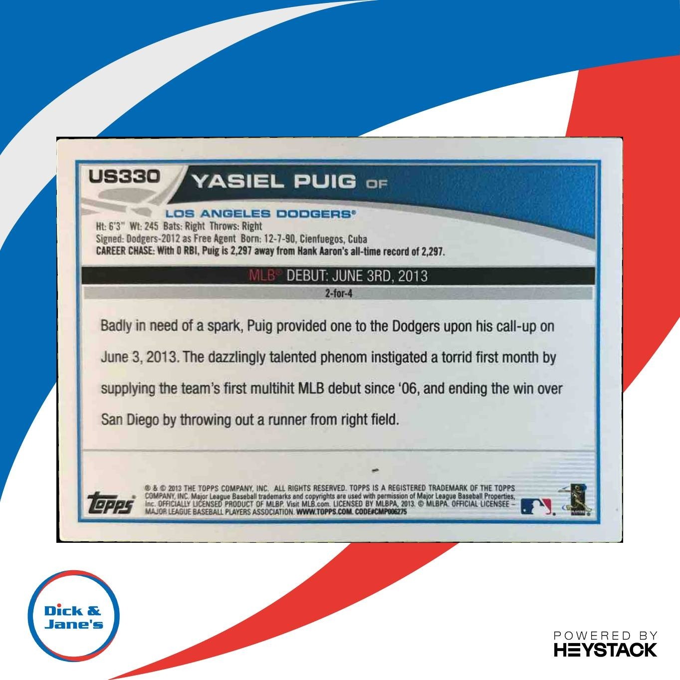 2013 Topps Update Yasiel Puig #US330 RC Los Angeles Dodgers - Sports Cards