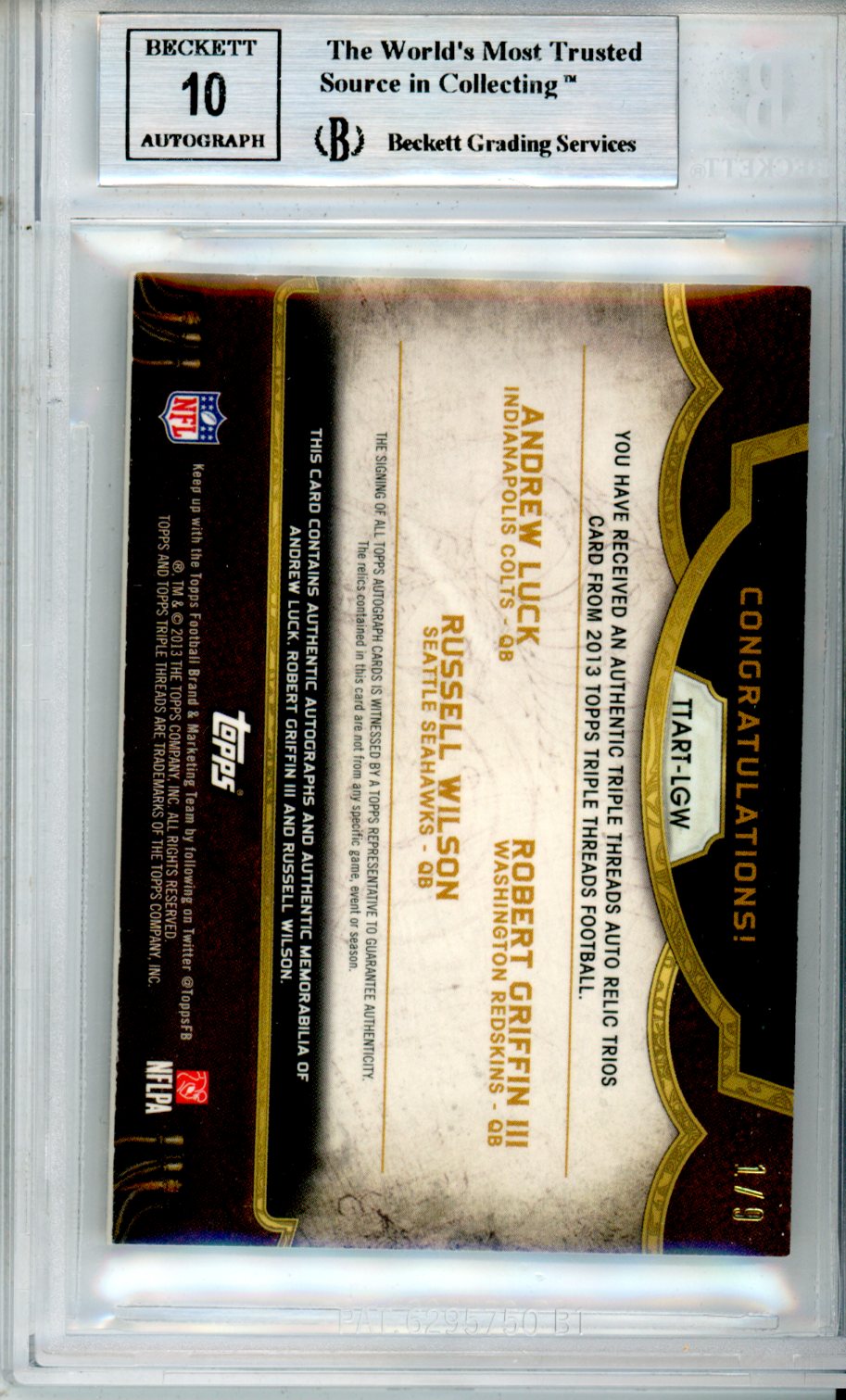 2013 Triple Threads Autographed Relic Combos Luck/Griffin/Wilson BGS 9 AUTO 10 - Graded Sports Cards