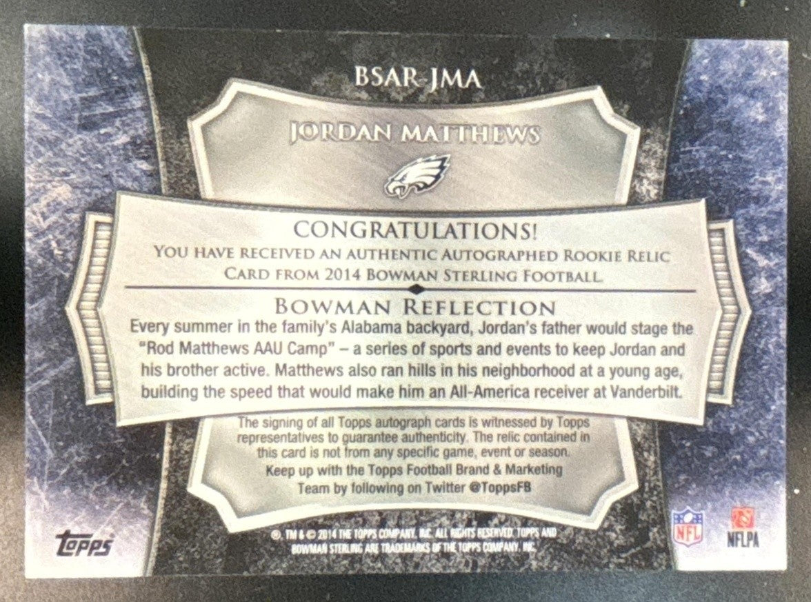 2014 Bowman Sterling Jordan Matthews Rookie Auto Relics Gold /99 RC Eagles - Sports Cards