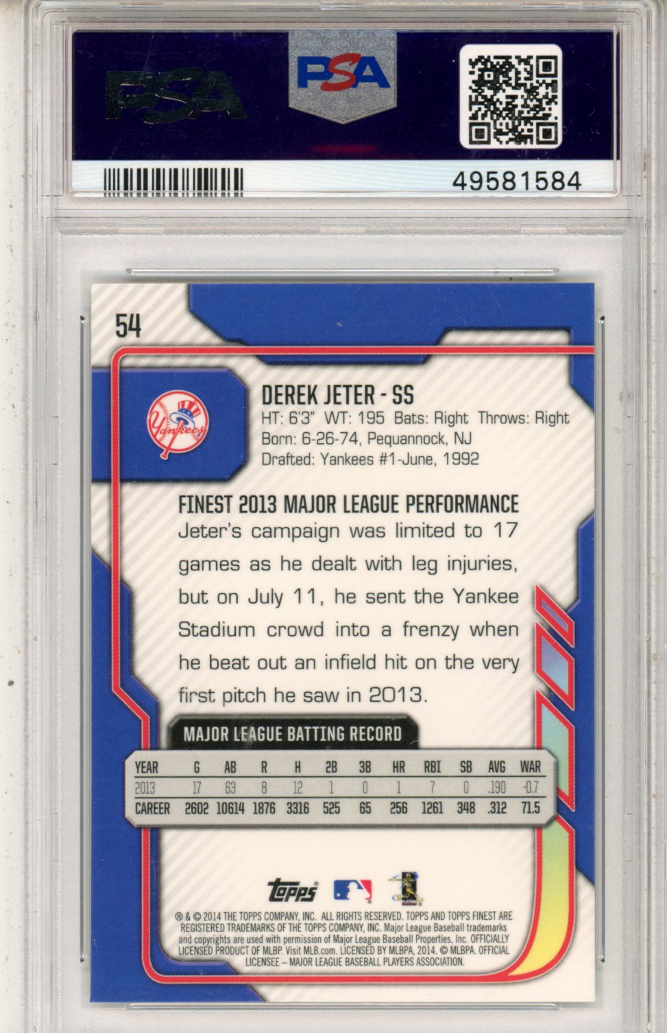 2014 Finest Derek Jeter #54 PSA 9 - Graded Sports Cards