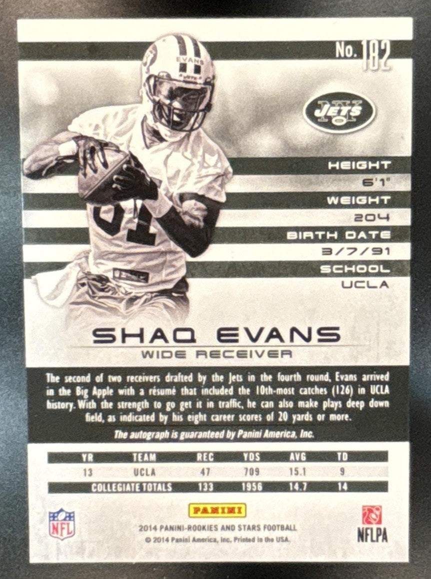 2014 Panini Rookies & Stars Longevity Shaq Evans Signatures #182 RC Auto Jets - Sports Cards
