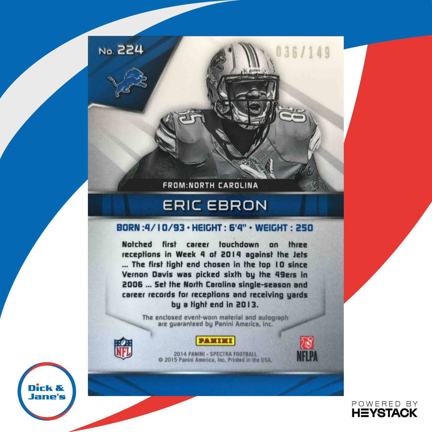 2014 Panini Spectra Eric Ebron 36/149 #224 RC Auto Detroit Lions - Sports Cards