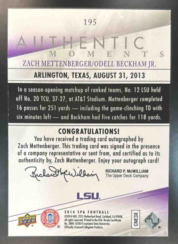 2014 SP Authentic Zach Mettenberger Auto #195 RC LSU Tigers - Sports Cards