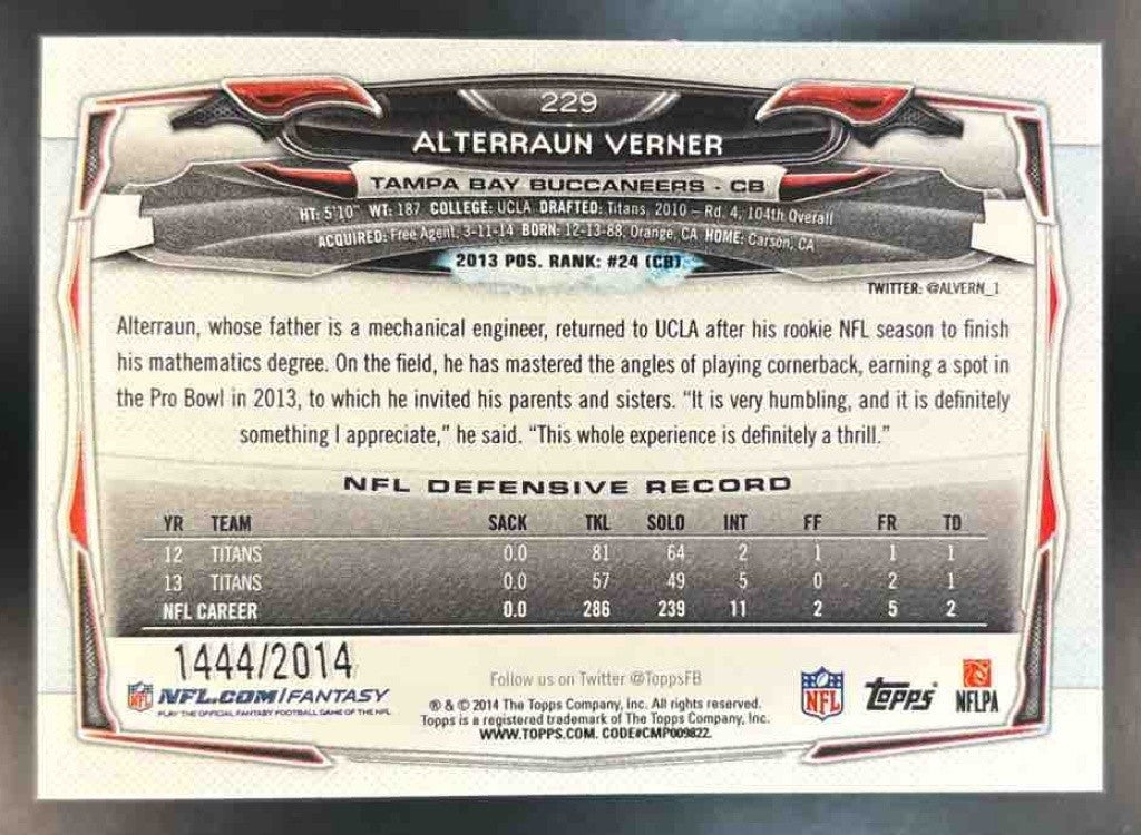 2014 Topps Alterraun Verner Gold /2014 #229 Tampa Bay Buccaneers - Sports Cards