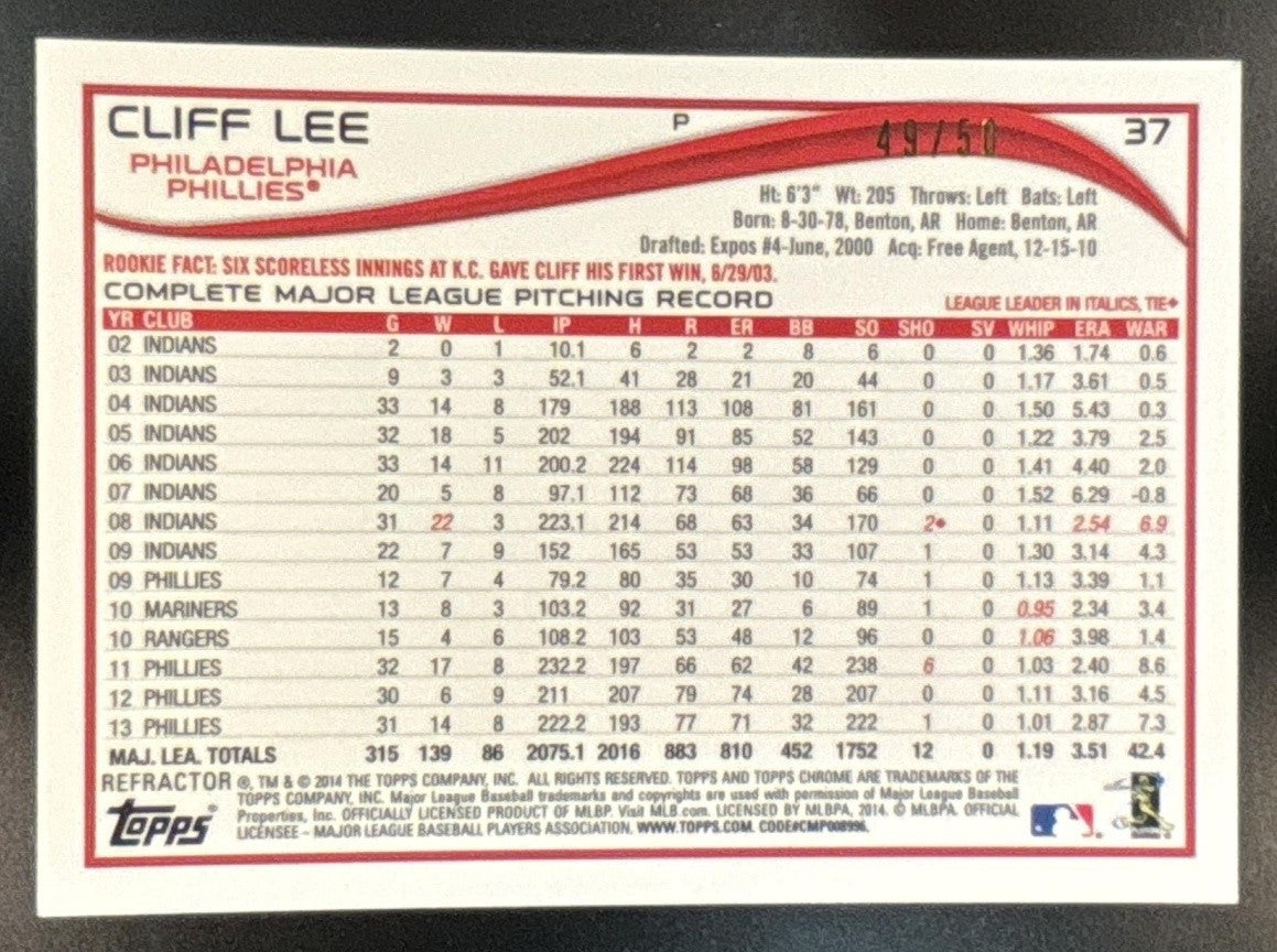 2014 Topps Chrome Cliff Lee Gold Refractor /50 #37 Philadelphia Phillies - Sports Cards