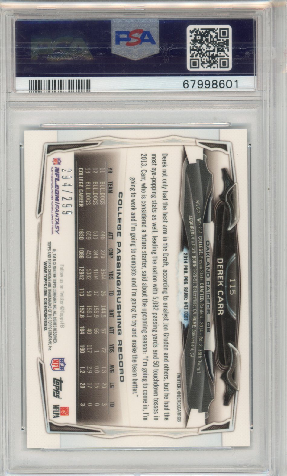 2014 Topps Chrome Derek Carr With Ball Black Refractor #115 PSA 9 - Graded Sports Cards