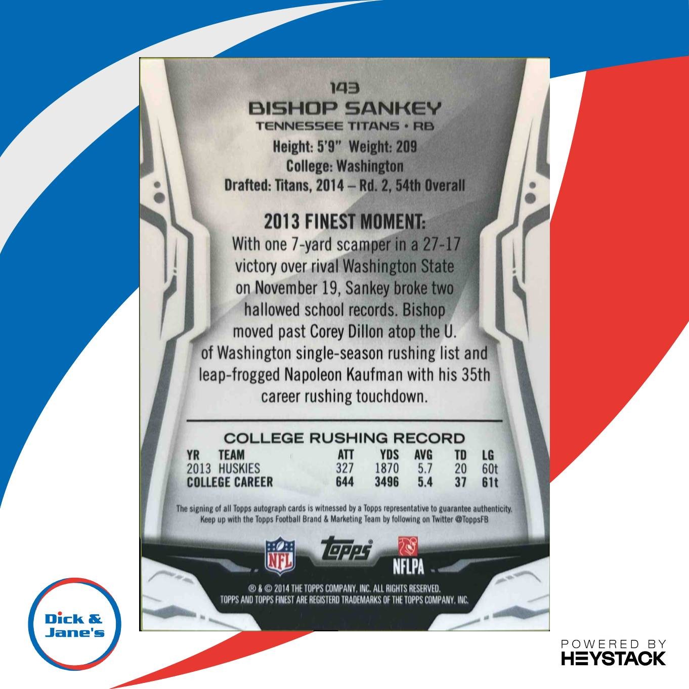 2014 Topps Finest Bishop Sankey Rookie Auto Blue Refractor 23/25 #143 RC Titans - Sports Cards