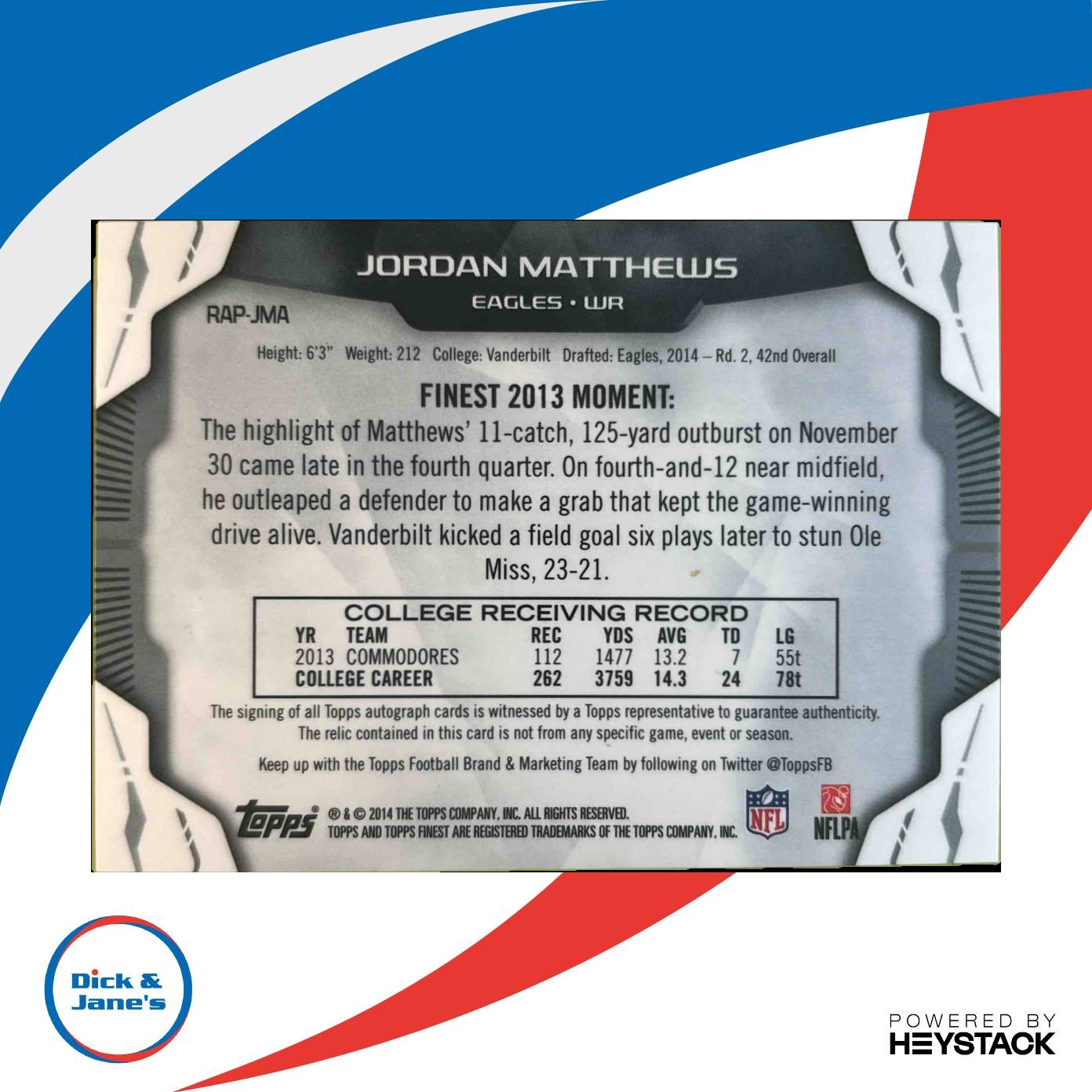 2014 Topps Finest Jordan Matthews Rookie Patch Auto Gold Refractor /50 Eagles - Sports Cards