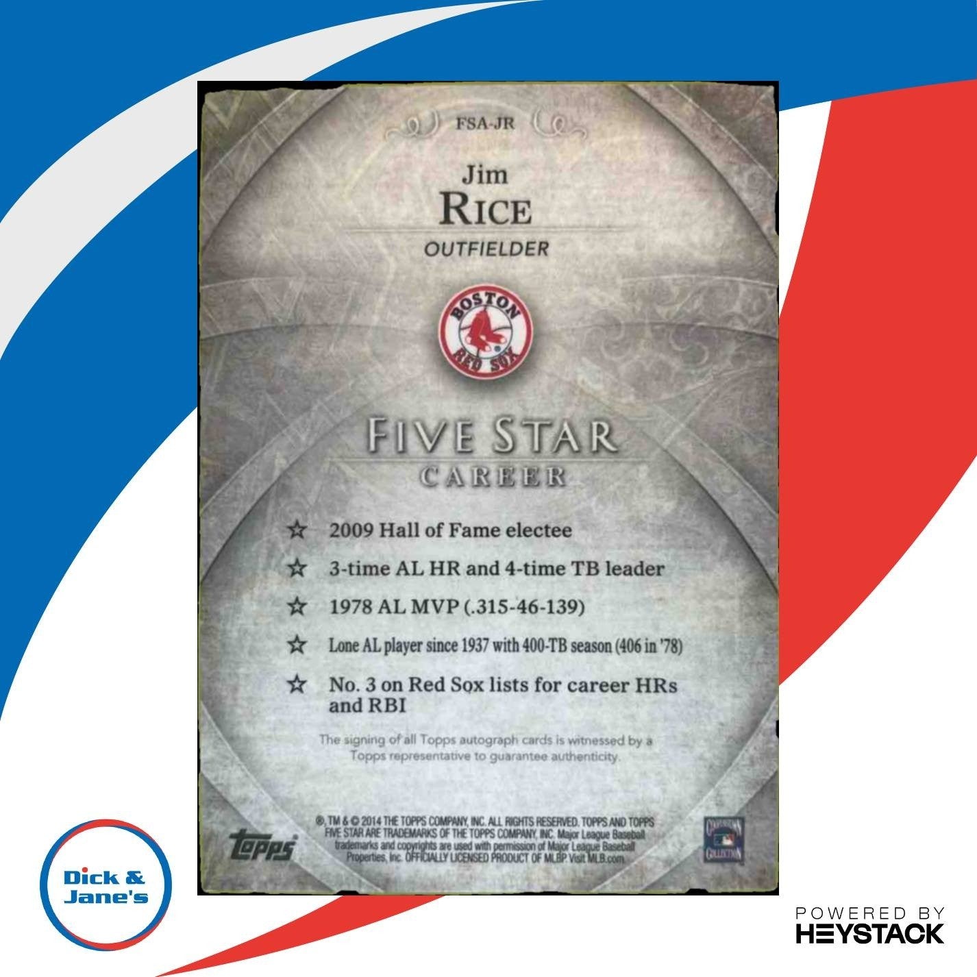 2014 Topps Five Star Jim Rice 214/399 #FSA-JR Auto Boston Red Sox - Sports Cards