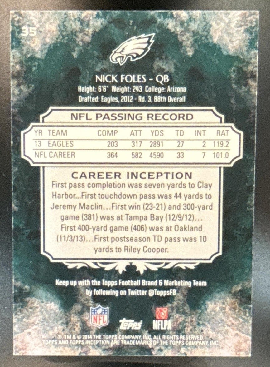 2014 Topps Inception Nick Foles Purple 47/99 #35 Philadelphia Eagles - Sports Cards