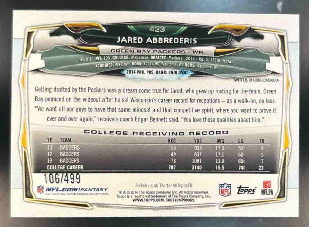 2014 Topps Jared Abbrederis Pink /499 #423 RC Green Bay Packers - Sports Cards