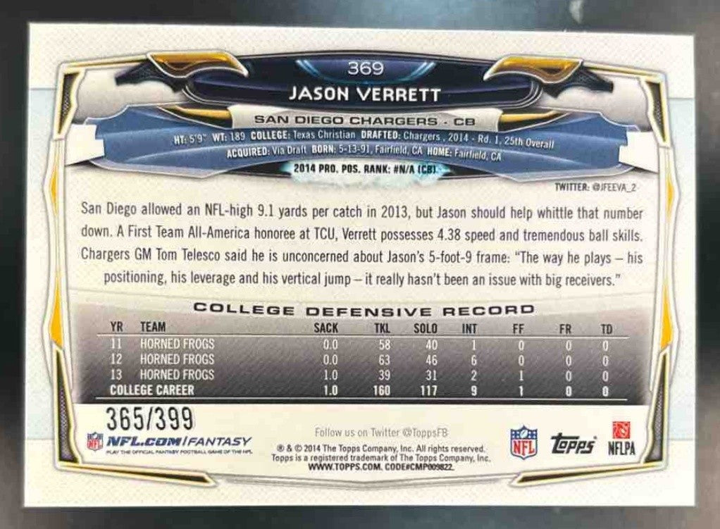 2014 Topps Jason Verrett Camo /399 #369 RC San Diego Chargers - Sports Cards