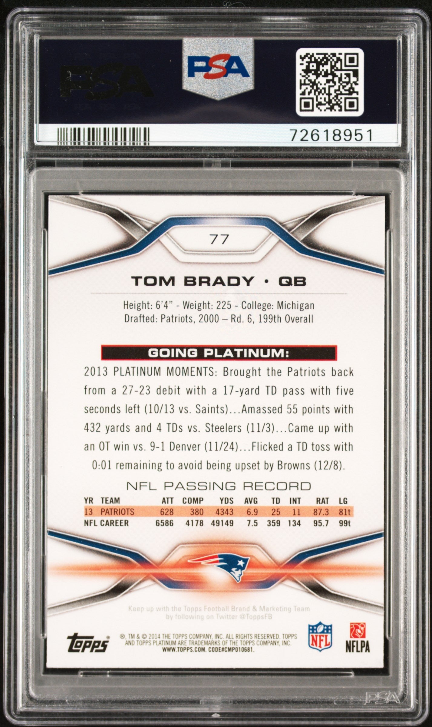 2014 Topps Platinum Tom Brady Blue #77 PSA 9 - Graded Sports Cards