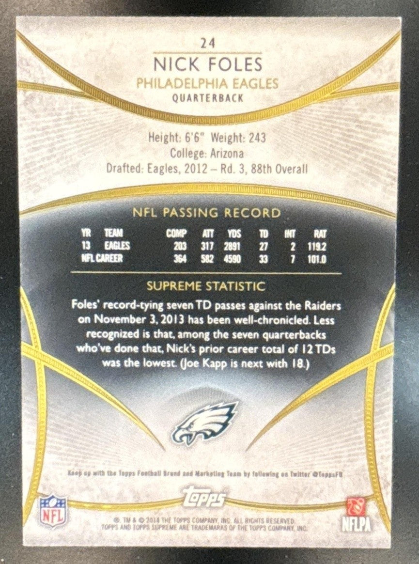 2014 Topps Supreme Nick Foles Blue 020/144 #24 Philadelphia Eagles - Sports Cards