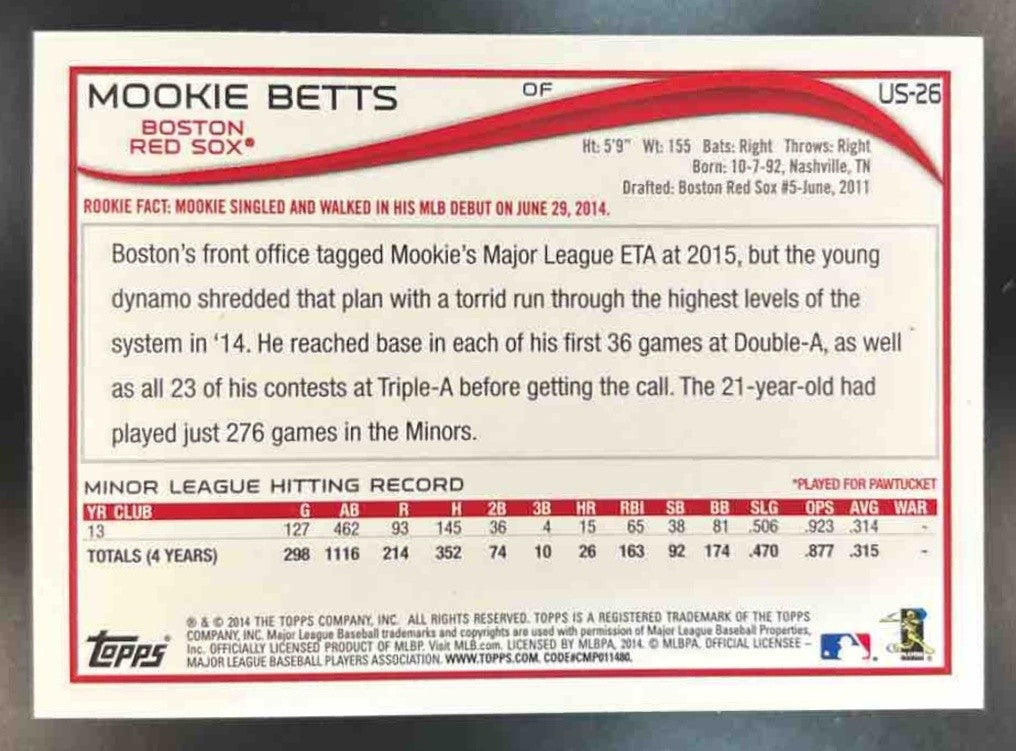 2014 Topps Update Mookie Betts #US-26a RC Boston Red Sox - Sports Cards
