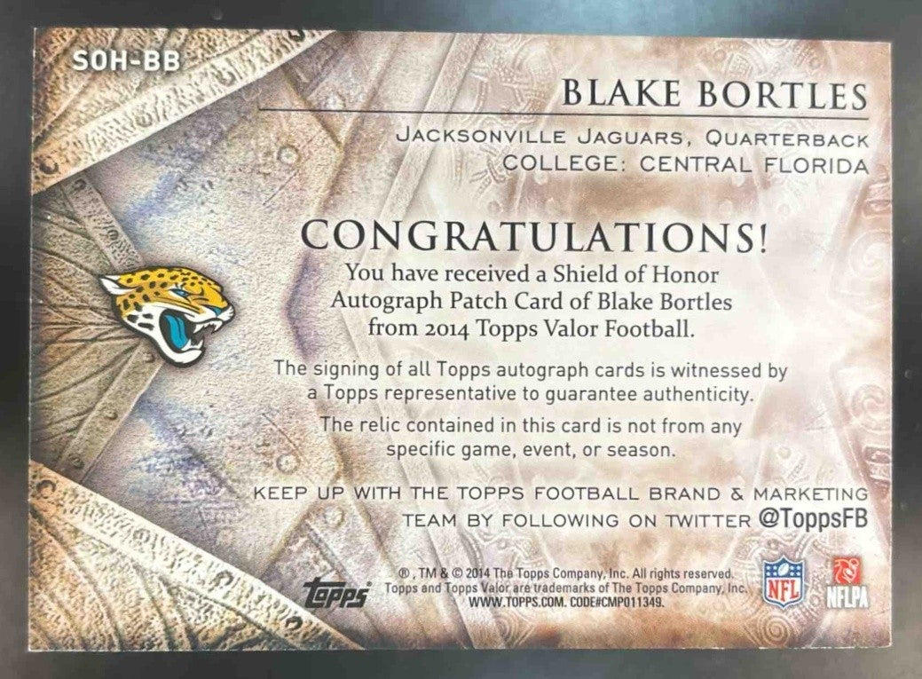 2014 Topps Valor Blake Bortles Shield of Honor Patch Auto /50 RC Jaguars - Sports Cards