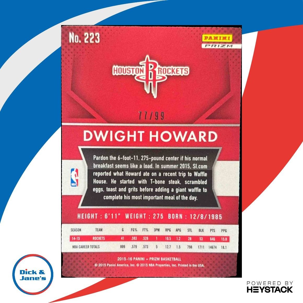 2015-16 Panini Prizm Dwight Howard Purple Prizms 77/99 #223 Houston Rockets - Sports Cards