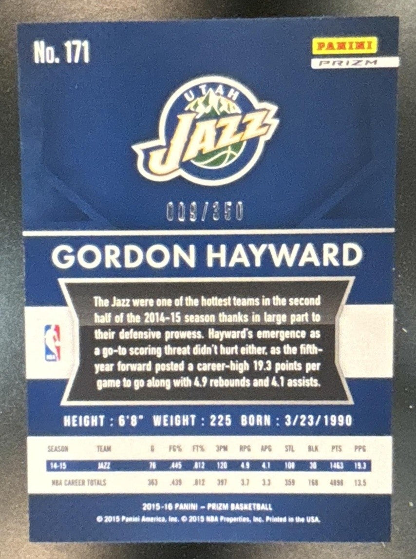 2015-16 Panini Prizm Gordon Hayward Ruby Wave Prizms /350 #171 Utah Jazz - Sports Cards