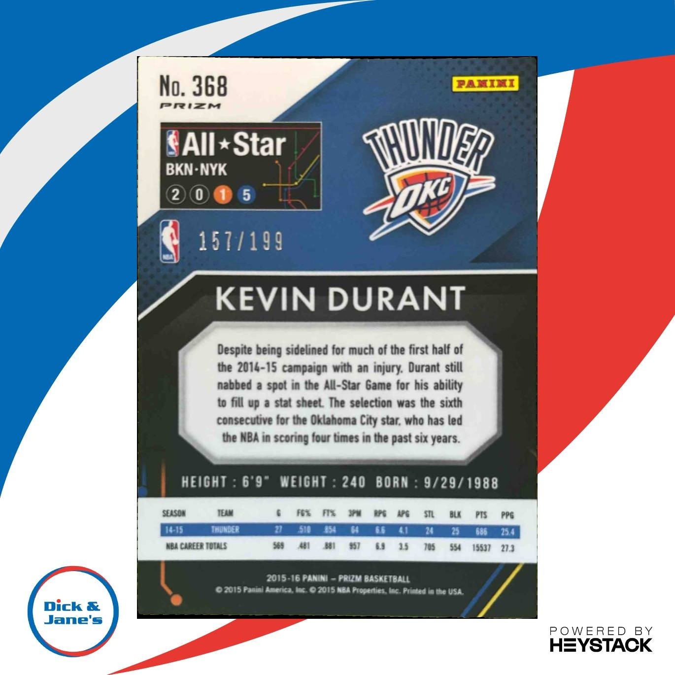 2015-16 Panini Prizm Kevin Durant Light Blue /199 #368 Oklahoma City Thunder - Sports Cards