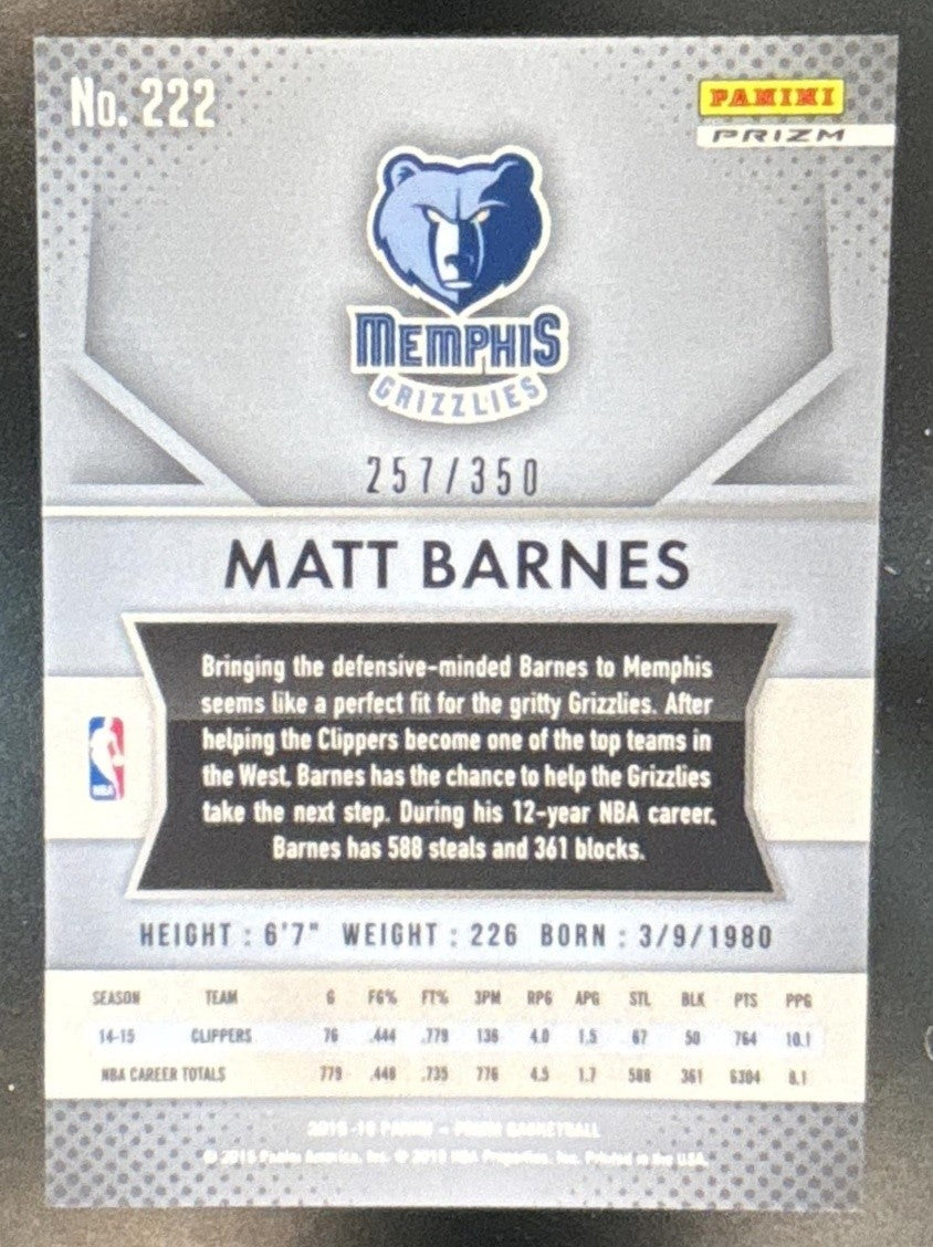 2015-16 Panini Prizm Matt Barnes Ruby Wave Prizms /350 #222 Memphis Grizzlies - Sports Cards