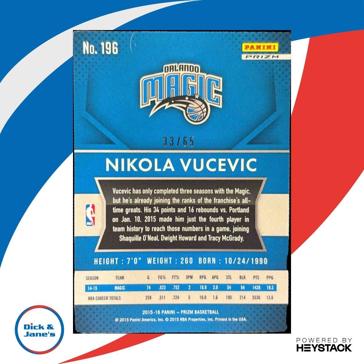 2015-16 Panini Prizm Nikola Vucevic Orange Prizms 33/65 #196 Orlando Magic - Sports Cards