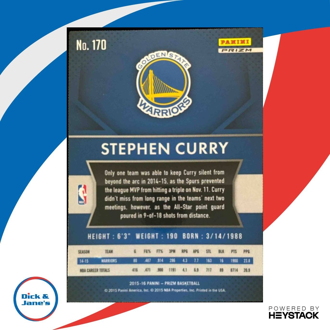 2015-16 Panini Prizm Stephen Curry Silver Prizms #170 Golden State Warriors - Sports Cards
