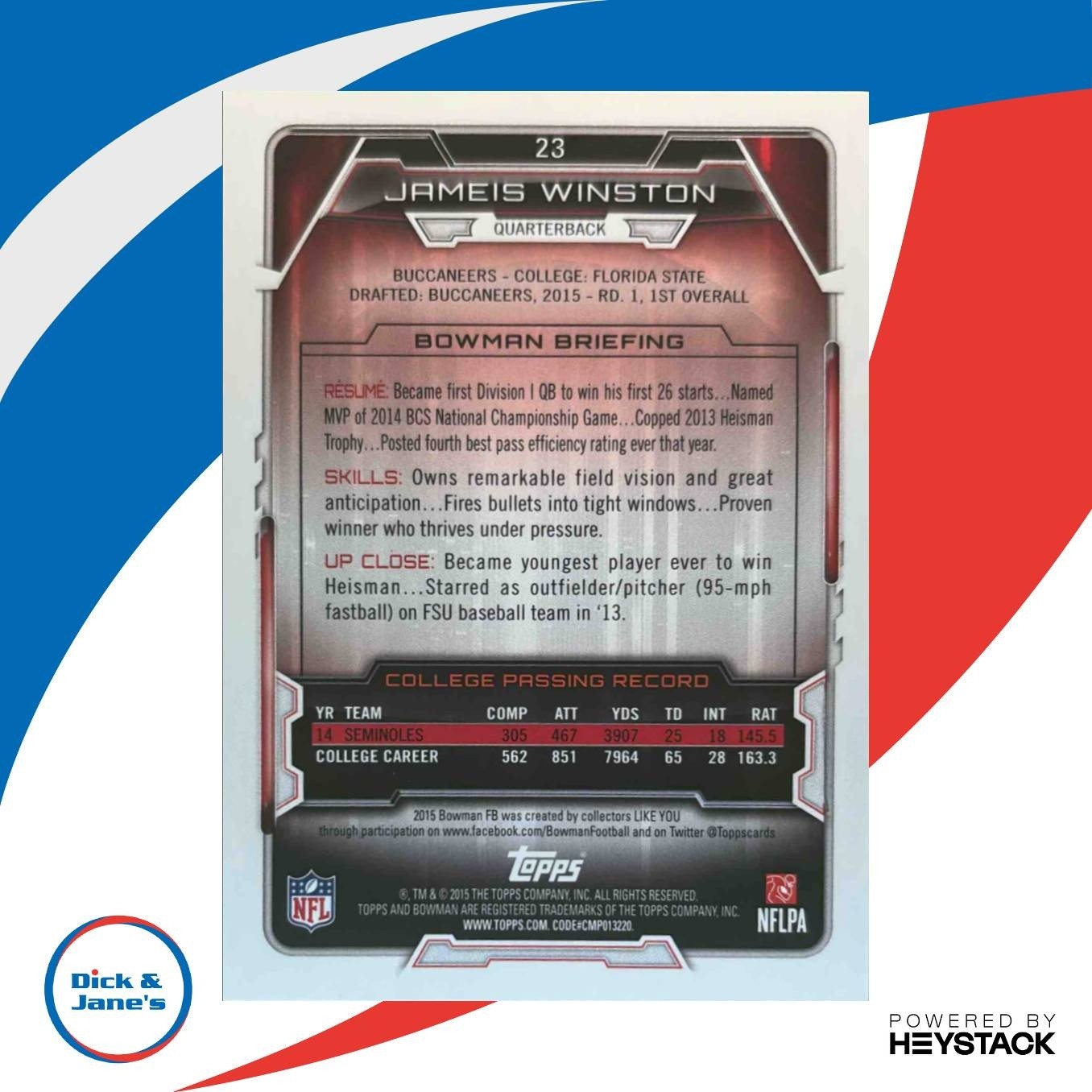 2015 Bowman Jameis Winston Rookies #23 RC Tampa Bay Buccaneers - Sports Cards