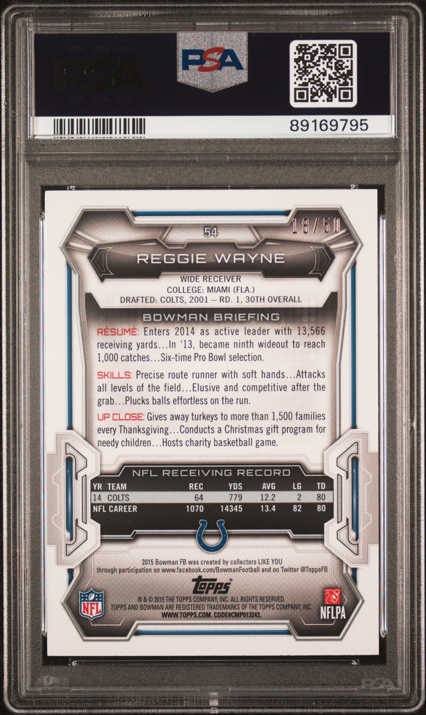 2015 Bowman Reggie Wayne Rainbow Foil Orange Ice /50 #54 PSA 10 - Graded Sports Cards