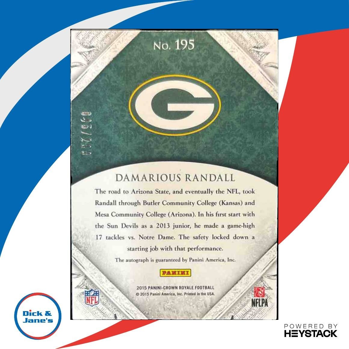 2015 Panini Crown Royale Damarious Randall 5/299 #195 Auto RC Green Bay Packers - Sports Cards