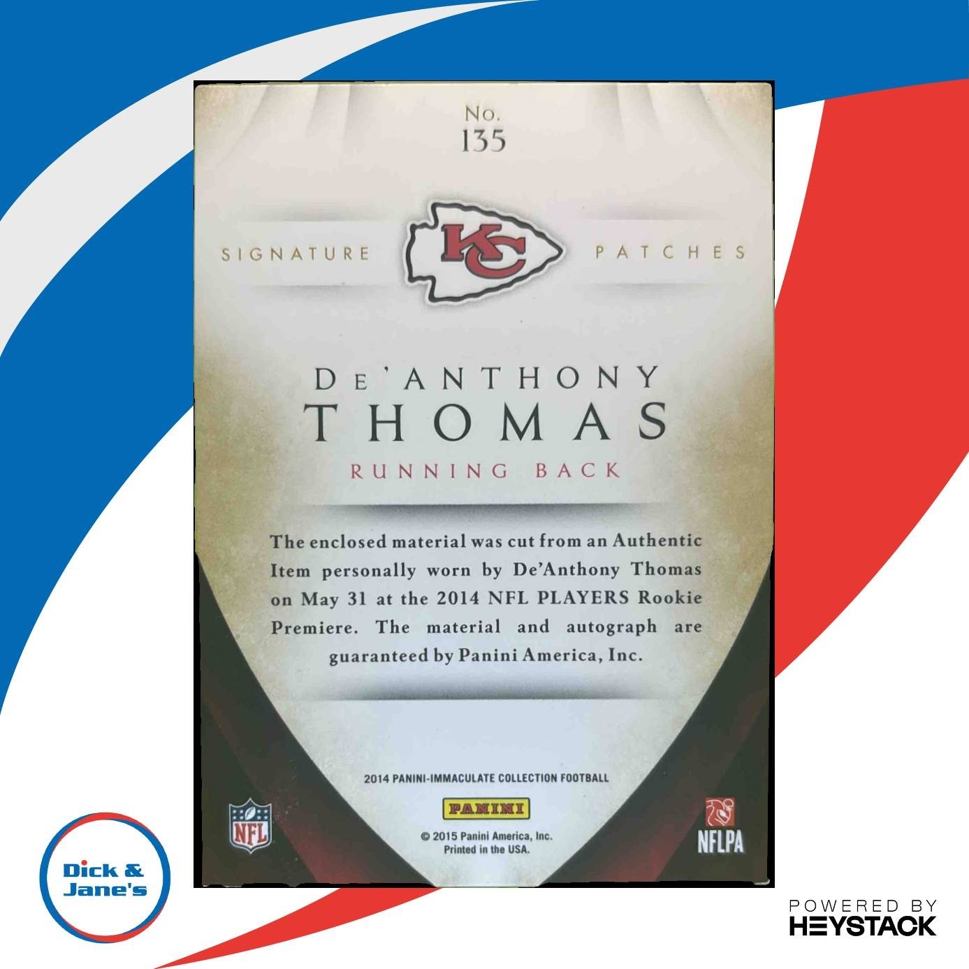 2015 Panini Immaculate Collection De Anthony Thomas Patch Auto RC /49 Chiefs - Sports Cards