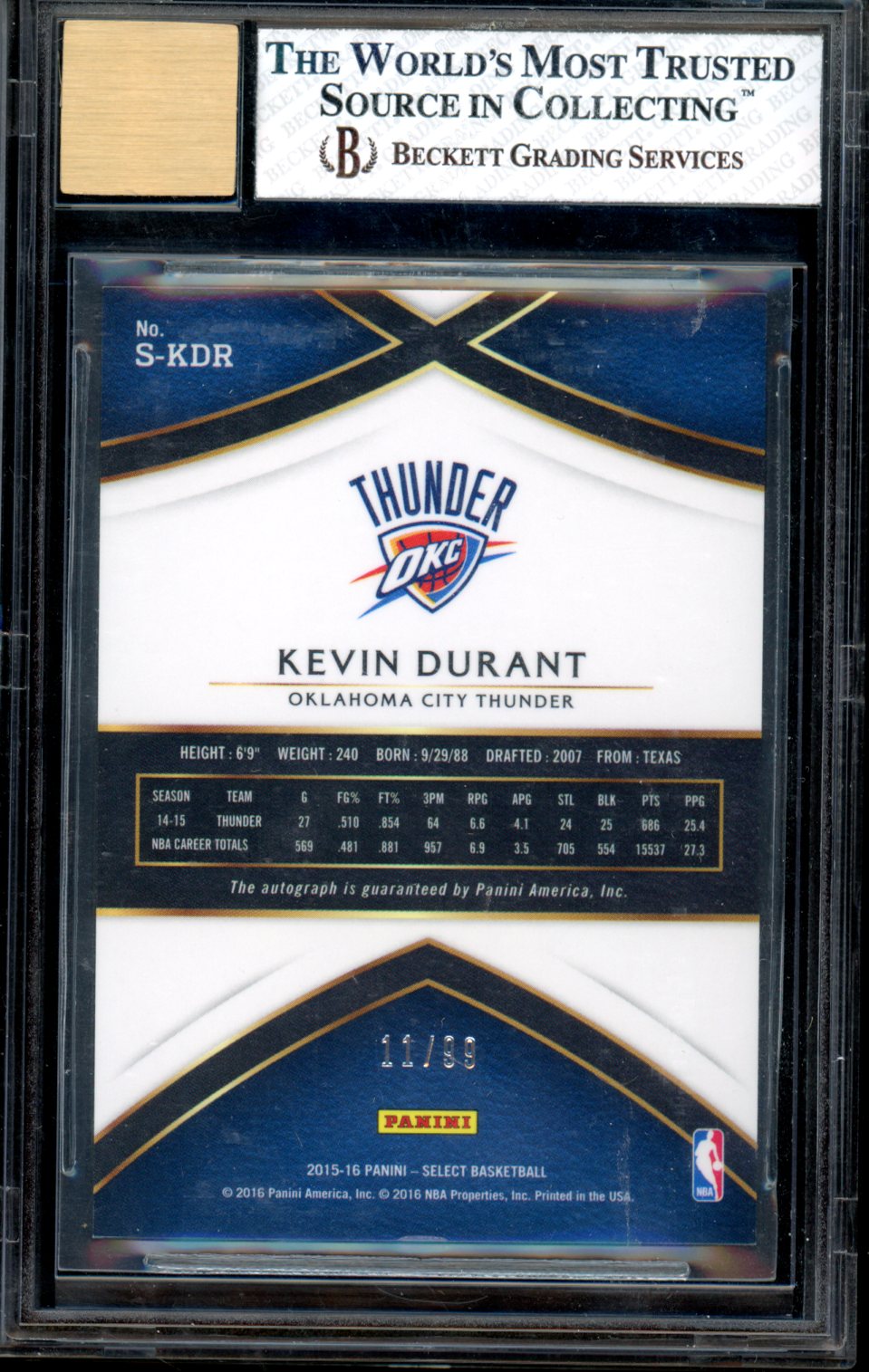 2015 Select Signatures Kevin Durant /99 #7 BGS 8 AUTO 9 Oklahoma City Thunder - Graded Sports Cards