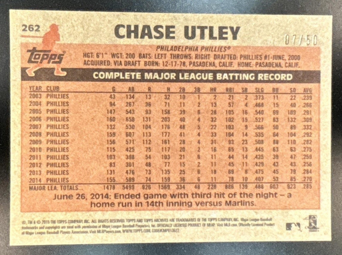 2015 Topps Archives Chase Utley Gold /50 #262 Philadelphia Phillies - Sports Cards