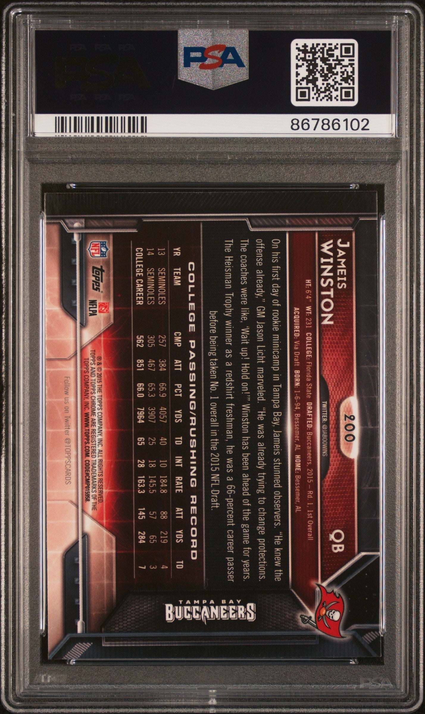 2015 Topps Chrome Jameis Winston Green Refractor Rookie PSA 8 Tampa Bay - Graded Sports Cards