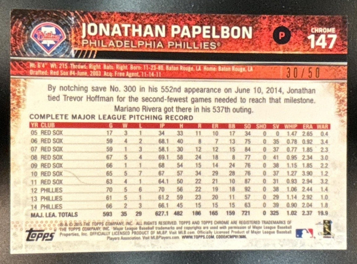 2015 Topps Chrome Jonathan Papelbon Gold Refractor /50 #147 Phillies - Sports Cards