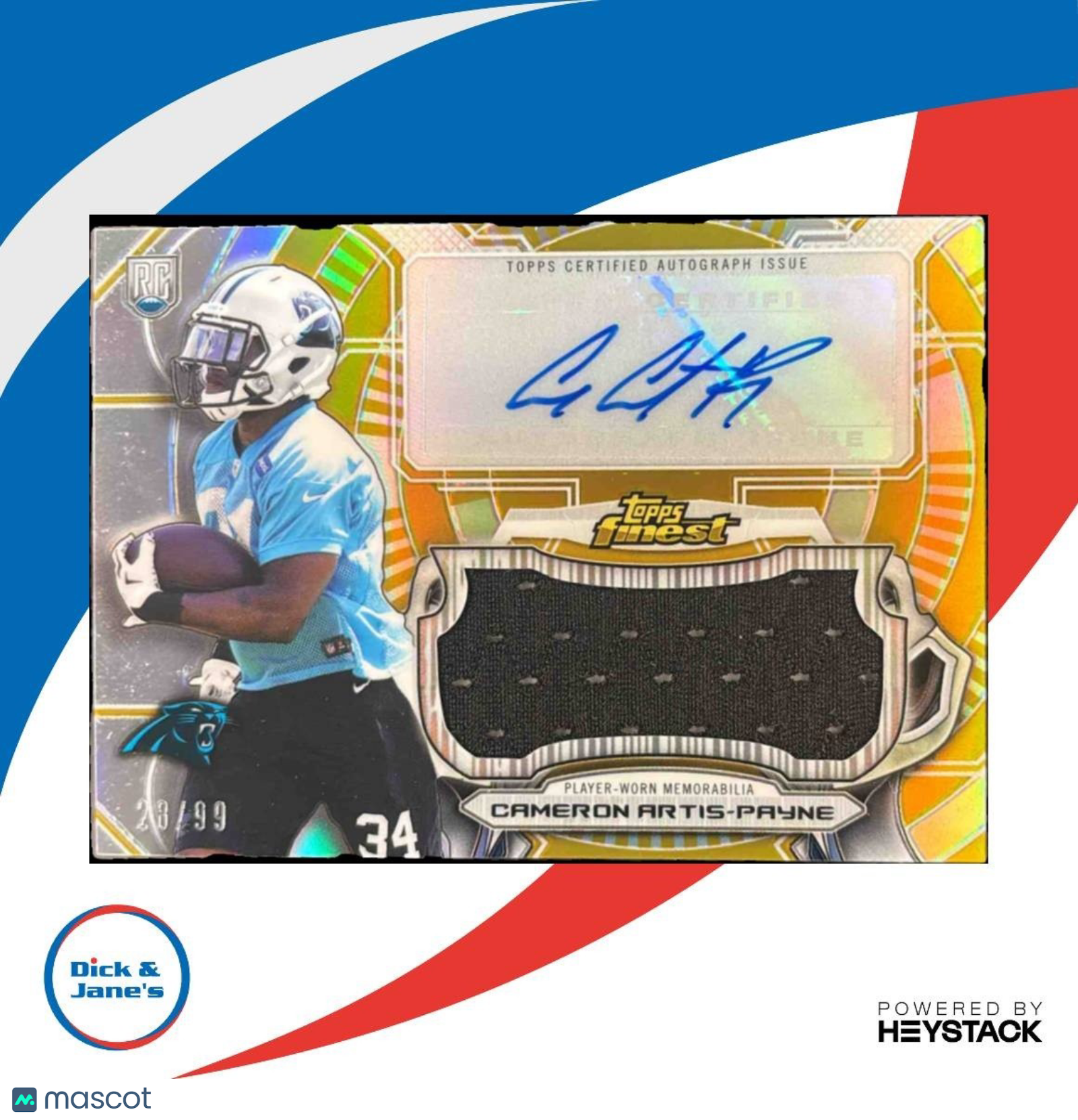 2015 Topps Finest Cameron Artis-Payne Auto Jumbo Relic Gold /99 RC Panthers - Sports Cards