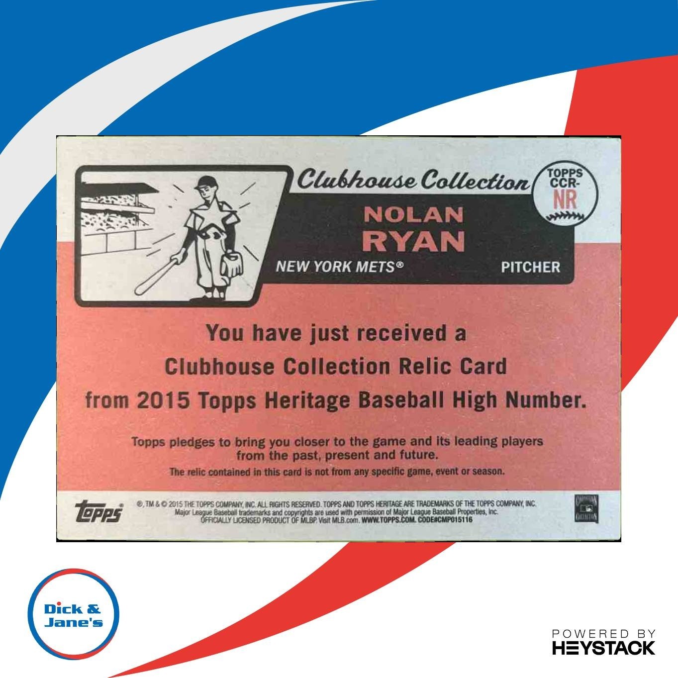 2015 Topps Heritage Nolan Ryan Clubhouse Collection Relics #CCR-NR New York Mets - Sports Cards