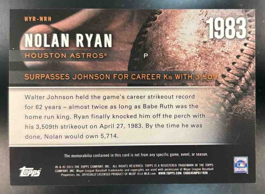 2015 Topps Nolan Ryan Highlight of the Year Relics /99 MEM Houston Astros - Sports Cards