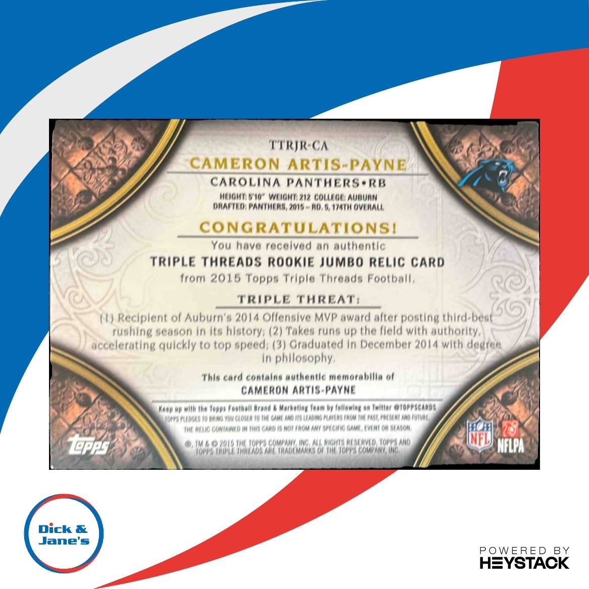 2015 Topps Triple Threads Cameron Artis-Payne Rookie Jumbo Relics /99 RC Panther - Sports Cards
