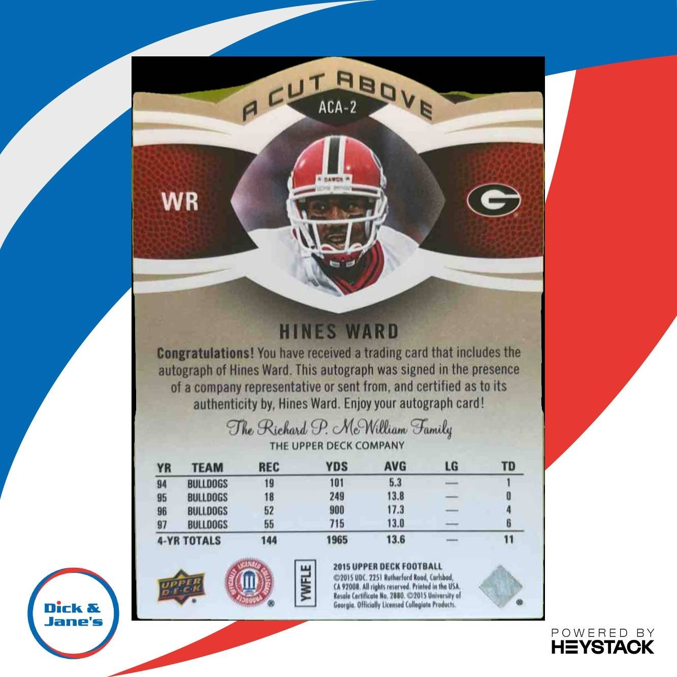 2015 Upper Deck Hines Ward A Cut Above Auto #ACA-2 Georgia Bulldogs - Sports Cards