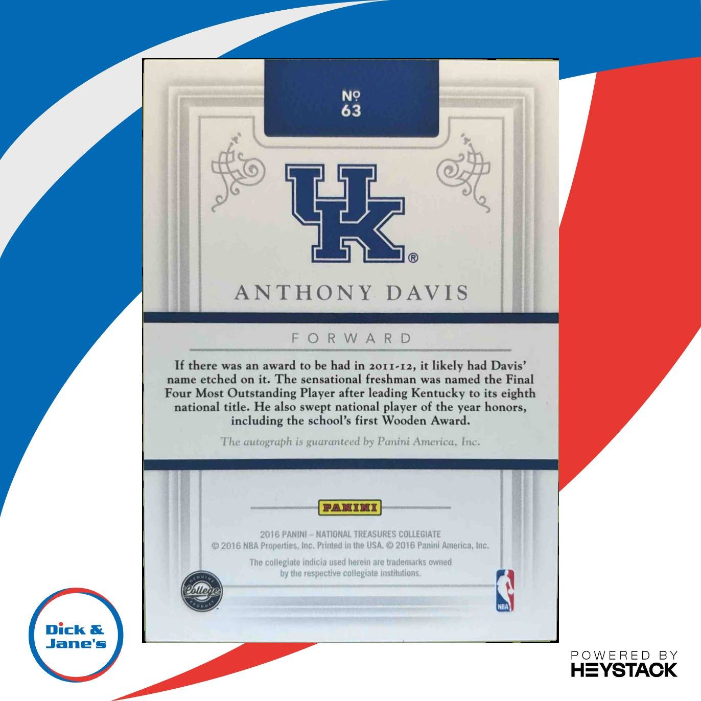 2016-17 National Treasures College Anthony Davis 20/25 63 Auto Kentucky Wildcats - Sports Cards