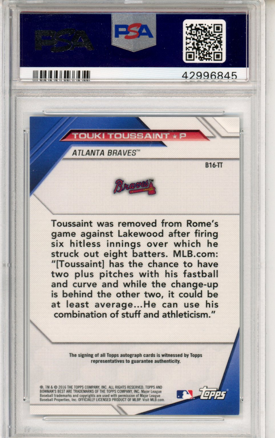 2016 Bowman’s Best Best Of 2016 Autograph Touki Toussaint #B16TT PSA 10 - Graded Sports Cards