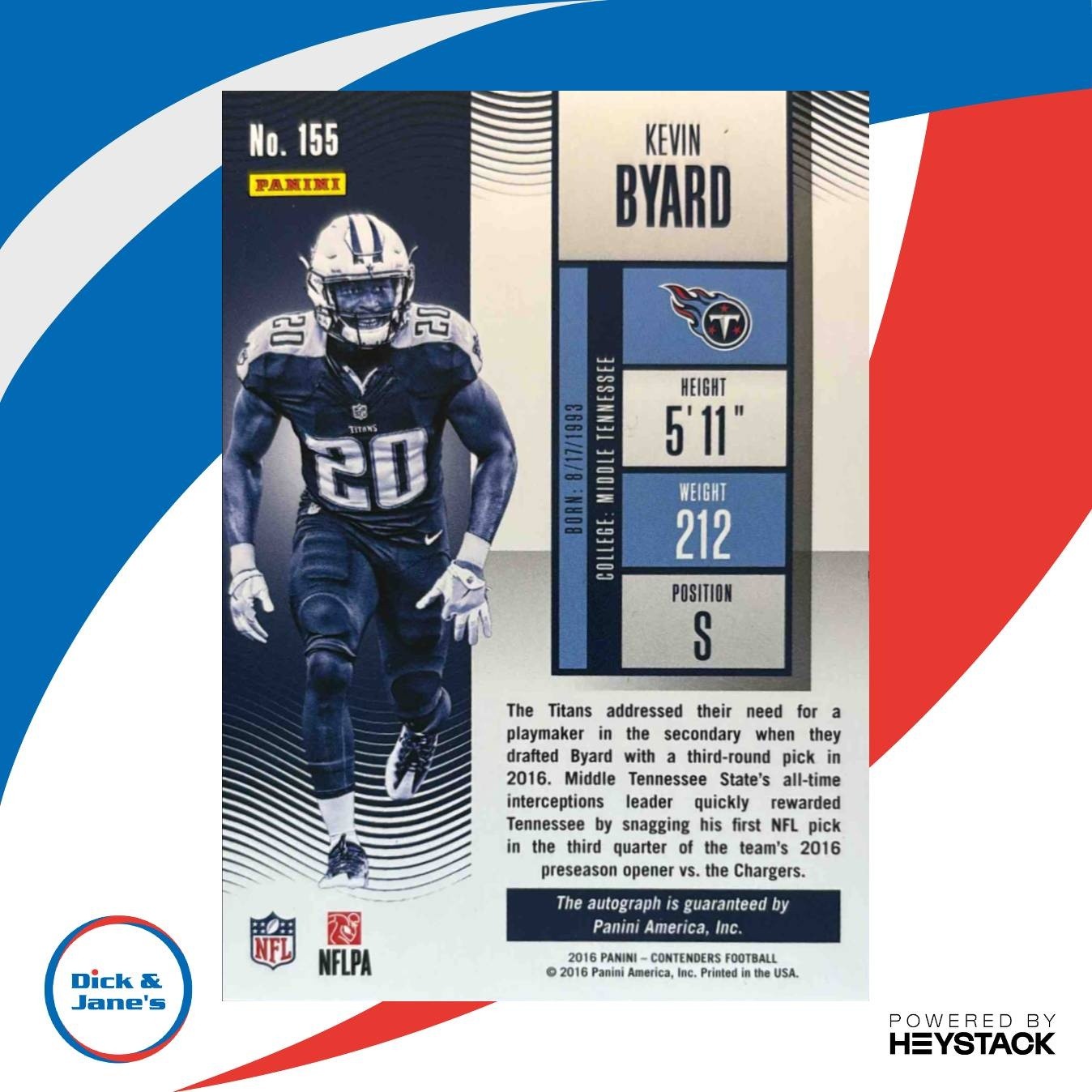 2016 Panini Contenders Kevin Byard #155 RC Rookie Ticket Auto Tennessee Titans - Sports Cards