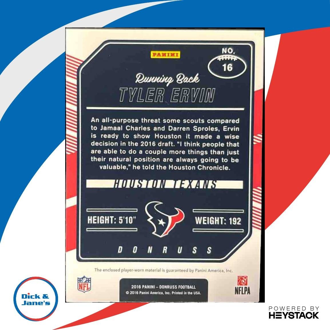 2016 Panini Donruss Tyler Ervin Rookie Phenom Jersey #16 RC Houston Texans - Sports Cards