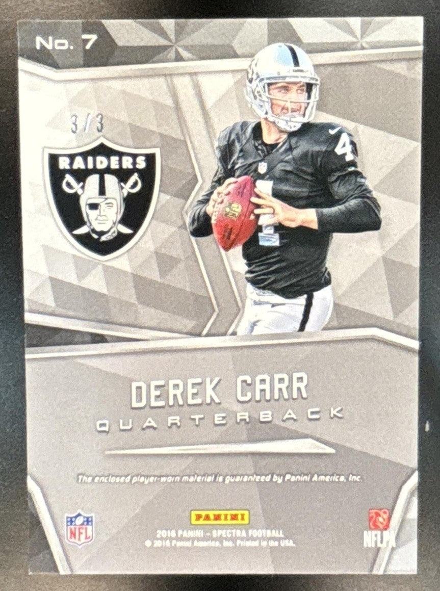 2016 Panini Spectra Derek Carr Catalysts Patch Neon Orange 3/3 Oakland Raiders - Sports Cards