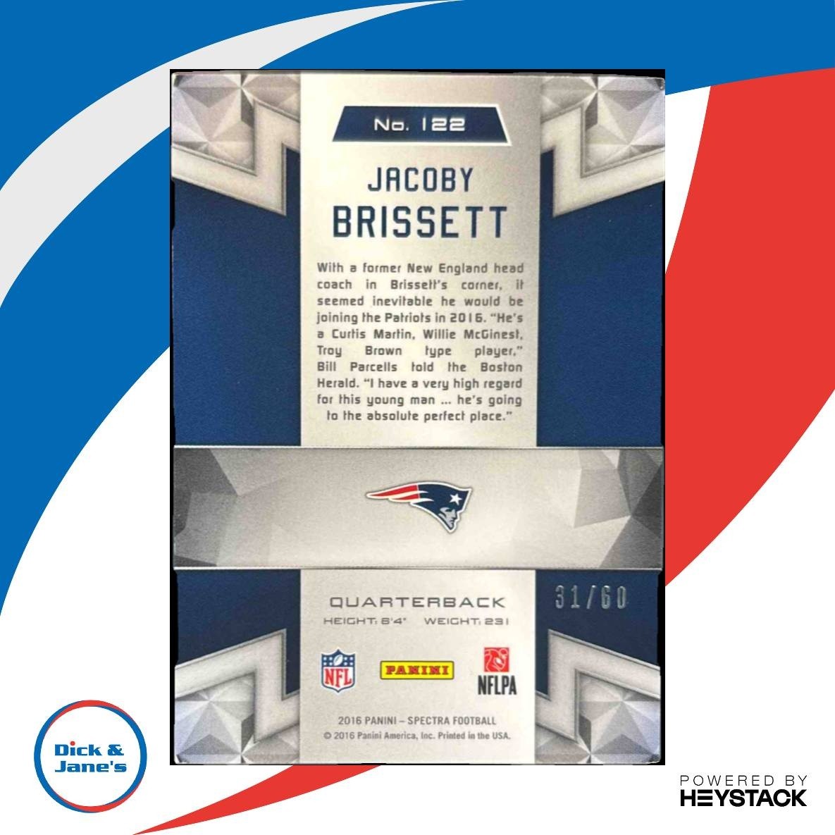 2016 Panini Spectra Jacoby Brissett Neon Blue 6/60 #122 RC New England Patriots - Sports Cards