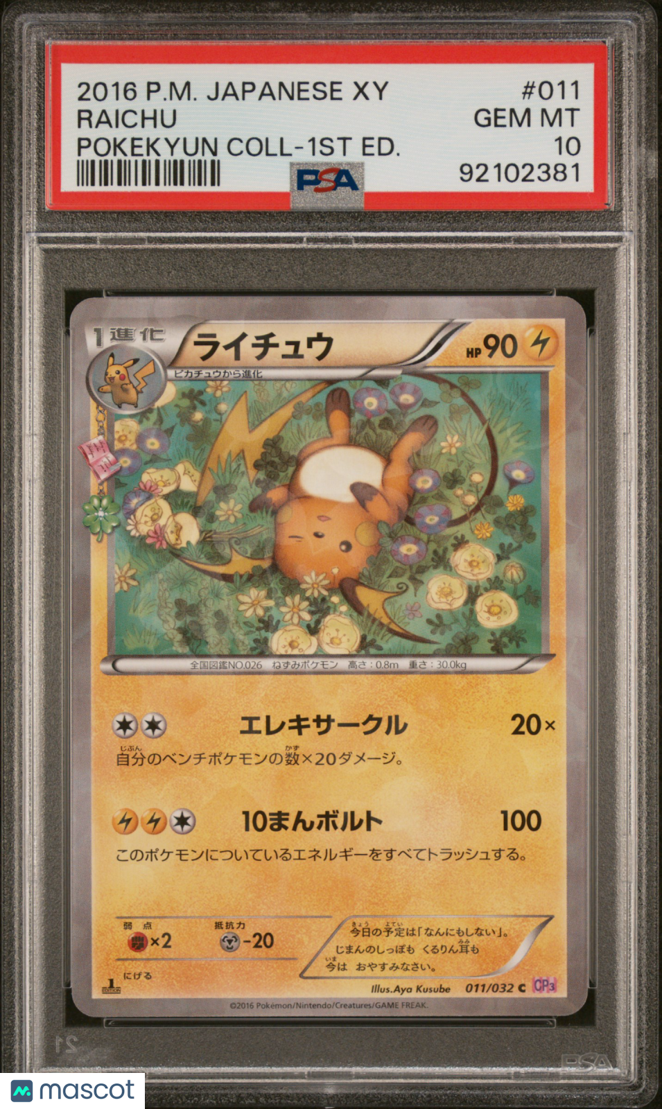 2016 Pokemon XY Pokekyun Collection Raichu #011 Japanese 1st Ed. PSA 10 GEM - Graded TCG/CCG