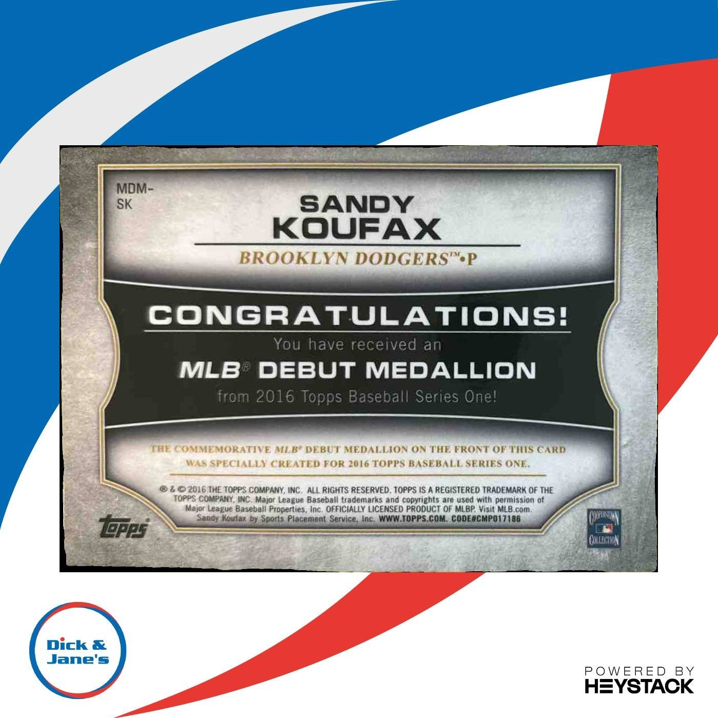 2016 Topps Sandy Koufax MLB Debut Medallion Series 1 #MDM-SK Brooklyn Dodgers - Sports Cards