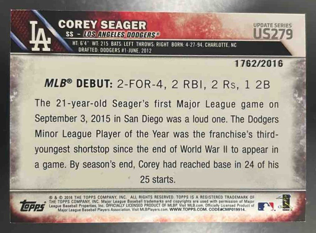2016 Topps Update Corey Seager Gold /2016 #US279 RC Los Angeles Dodgers - Sports Cards